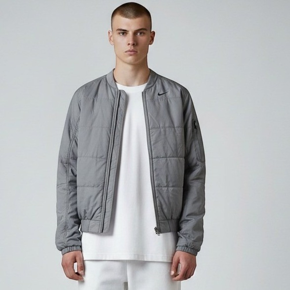 Nike Quilted Bomber Jacket Mens Medium Grey Full Zip Insulated Streetwear